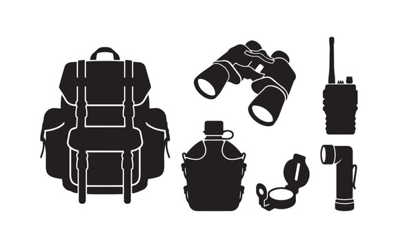 Set of travel hiking and camping equipment silhouettes isolated on white background