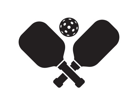 Black silhouette icon of two crossed pickleball paddles and a ball on white background