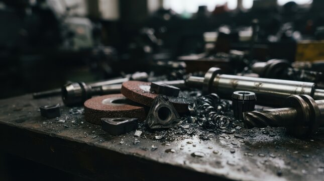 Worn carbide inserts, grinding stones, metal chips, coolant droplets, and spindle components on a workbench for precision machining