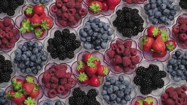 Rotating Top View Flat Lay of Fresh Strawberries Raspberries Blueberries and Blackberries in Flower Shaped Glass Bowls Vertical Video Concept