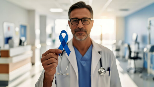 Male doctor in a hospital corridor holds a blue awareness ribbon, symbolizing medical advocacy, patient support and cancer prevention. Professional, compassionate healthcare message.