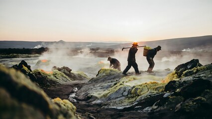 Fototapeta premium Volcanic landscape with hikers exploring bubbling hot springs at sunrise
