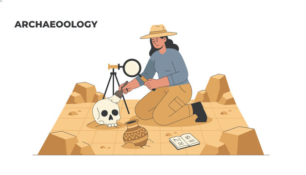 A female archaeologist carefully uncovers ancient artifacts like a skull and pottery with a brush and magnifying glass, embodying the meticulous work of discovering historical relics.