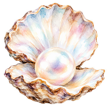 Watercolor of a luminous pearl resting inside an open scallop shell with iridescent tones, isolated on a transparent background