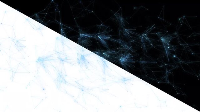 Abstract dual tone black and blue plexus network animation divided diagonally on split background