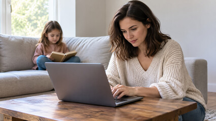 Fototapeta premium Mother working on laptop while daughter reads book in living room at home. Concept of woman working, child, working mom, remote work, telecommuting, home office, family at home, parenting.