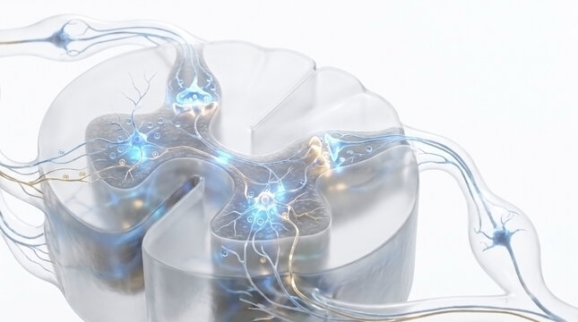 Abstract visualization of glowing nerve impulses passing through a cross section of the human spinal cord with nervous system