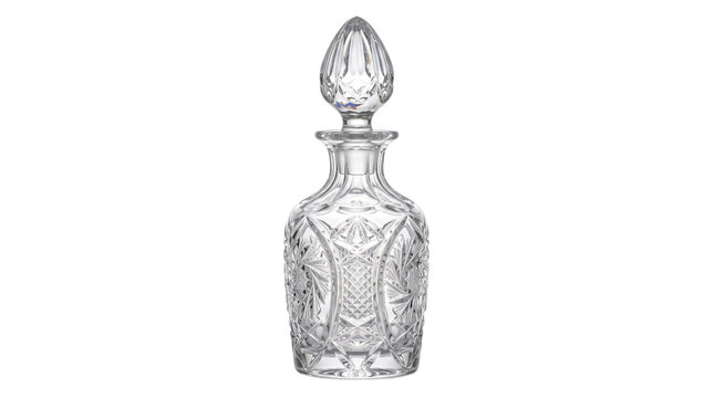Vintage crystal decanter with ornate glass stopper, elegant whiskey carafe for barware, luxury lead glass bottle isolated on white