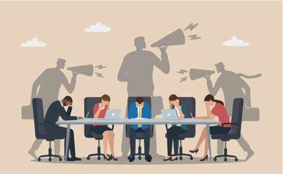 Self criticism, negative critic thinking blame yourself, guilt depression to rant or inner anxiety, anger or stress psychology concept, depressed businessman self shadow blame with megaphone (2)