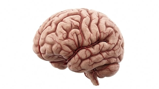Side view of human brain with visible blood vessels and brainstem anatomy medical science vascular system white background