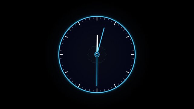 Futuristic digital tech clock ticking time circle animation with glowing blue interface on black background