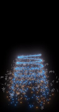 Icy blue star particles and gold sparks swirl in a narrowing spiral to shape a Christmas tree. Radiant holiday lights flow upward in a dynamic festive motion.