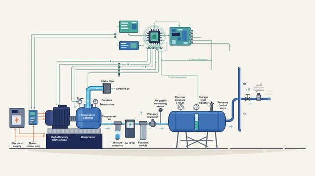 Technical Diagram of an Industrial Process Control System with Digital Monitoring and Automation Flow