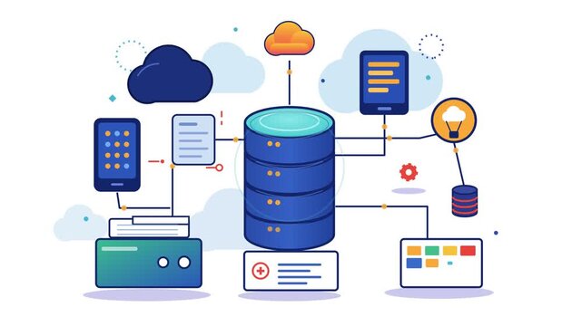 Modern digital infrastructure illustration featuring cloud computing, database servers, and connected smart devices for data management
