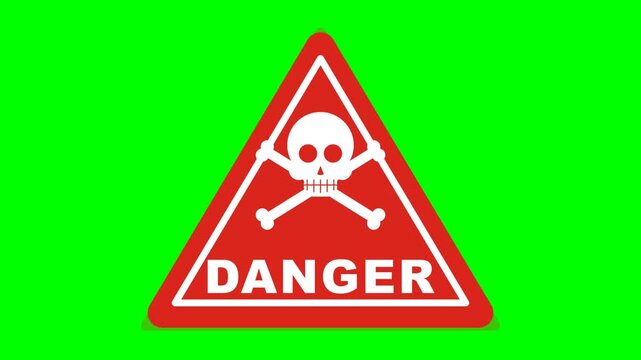 Red Triangular Danger Warning Sign with Skull and Crossbones Icon on Bright Green Background