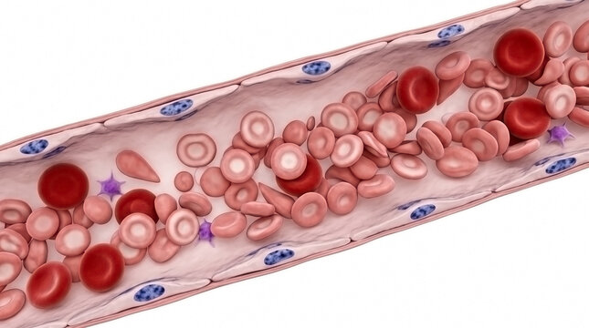 3D medical still of blood flow inside a human blood vessel with red blood cells circulatory system human body capillary