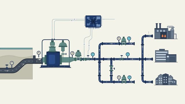 Industrial Pipeline Distribution System Illustration showing Fluid Flow from Source to Factory and Residential Buildings