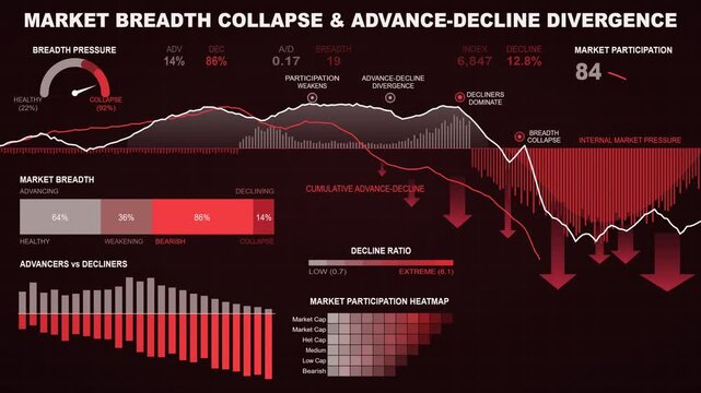 Modern financial data visualization dashboard showing stock market breadth collapse and technical analysis trends