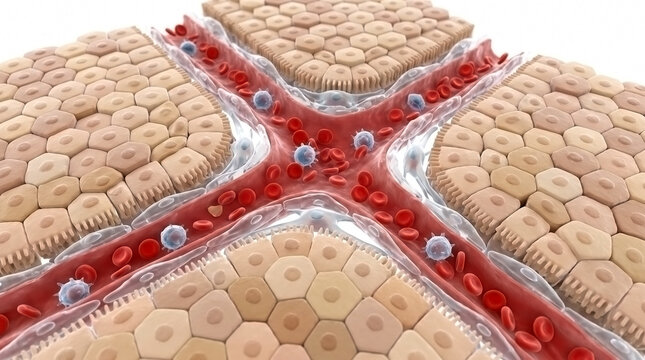 3D medical illustration of liver lobule tissue structure with hepatic cords and blood sinusoids hepatic cells blood vessels