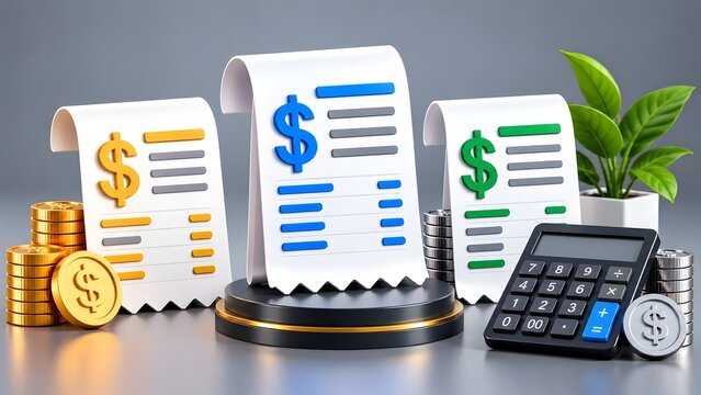 Financial accounting concept with 3d receipt invoices calculator and stacked coins representing budget planning and wealth management