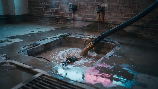 Industrial water heating process with hose spraying into a concrete pit