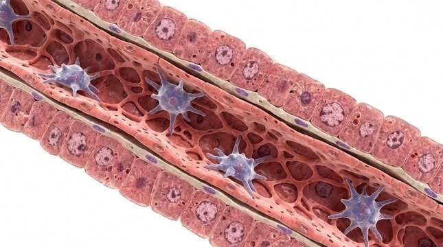 3D medical illustration of a narrow blood vessel containing immune cells and platelets with circulatory system