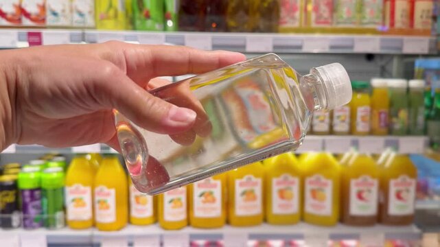 Hand Holding Water Bottle in Front of Shelves in Supermarket &ndash; Choosing Bottled Water in Grocery Store Aisle