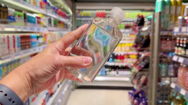 Hand Holding Water Bottle in Front of Shelves in Supermarket &ndash; Choosing Bottled Water in Grocery Store Aisle