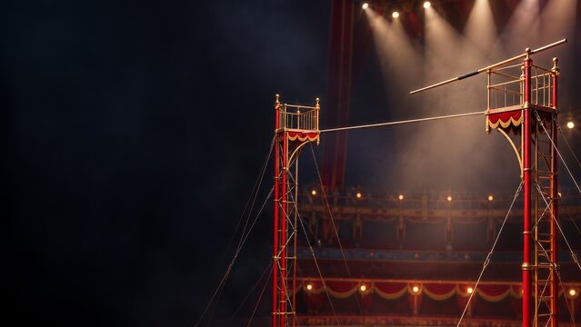 Empty Circus Tightrope Platforms and Balancing Pole Under Warm Lights