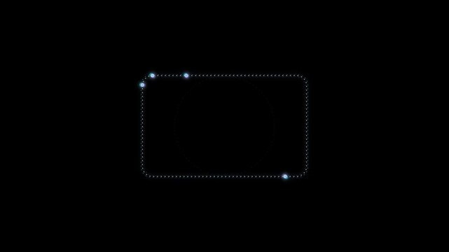 Futuristic camera viewfinder focus frame with glowing dots motion animation on black background