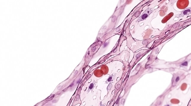 Microscopic view of human lung alveoli tissue showing capillaries and red blood cells with histology slide
