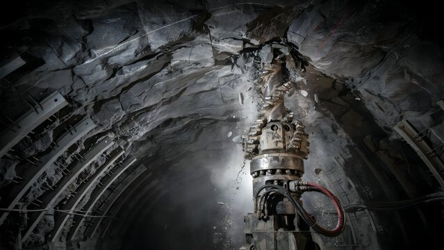 Underground mining tunnel with drilling equipment and rocky ceiling