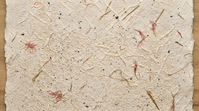 Small colorful flower petals and green leaves scattered on a light grey textured paper surface