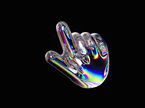 Close-up of a light-skinned hand, slightly curled with vibrant prismatic effect Cursor on black background - AI-Generated