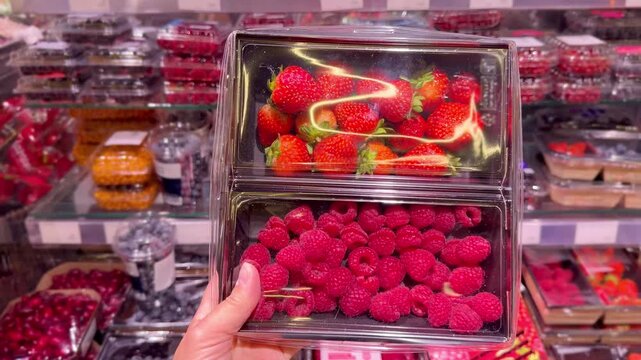Hand Holding Packaged Berries in Supermarket &ndash; Raspberries, Blueberries, Strawberries and Cornelian Cherries Against Refrigerated Berry Display