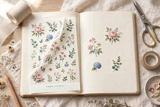 Floral Stickers Sheet In Open Journal With Botanical Scrapbook Craft Supplies