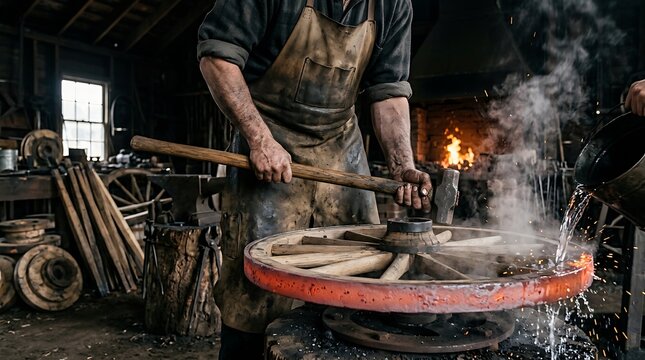 Blacksmith uses heavy hammer to fit glowing iron rim on wooden wagon wheel inside workshop.