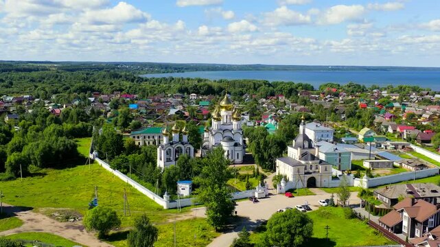 Pereslavl-Zalessky, Russia. St. Nicholas Pereslavsky Monastery. Cloudy weather, summer. Drone footage, Point of interest