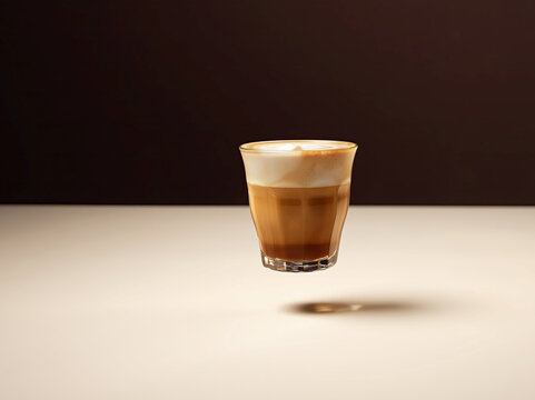 Vertical coffee float on light surface, Florent Tanet style, minimalistic studio setting, warm lighting, vivid dark background, centered object, fine details, subtle shadow, argentique - AI-Generated