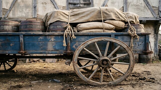 Blue wooden cargo wagon loaded with heavy sacks and barrels stands on dirt ground outdoors.