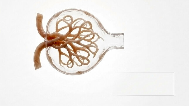 Diagrammatic 3D model of a nephron glomerulus showing capillary network with 3D model kidney function glomerulus capillaries