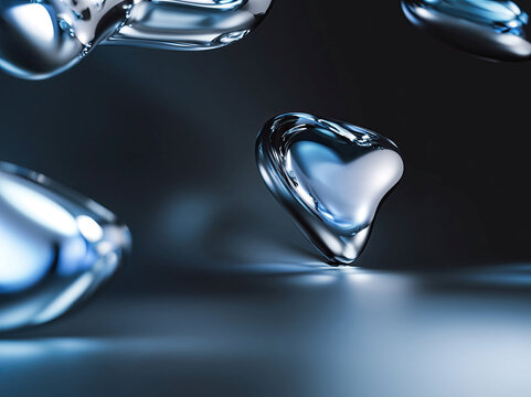 Abstract, chrome, reflective, soft gradient lighting, minimal background, luxury, futuristic aesthetic, high contrast, clean composition, 8K, still life, water droplets, heart shape, fr - AI-Generated