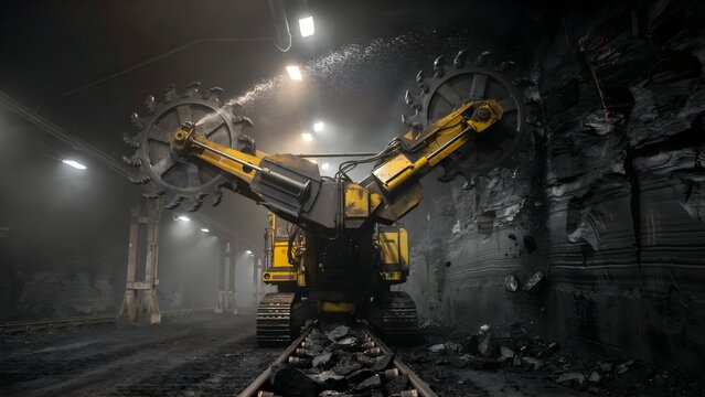 Heavy mining machine drilling rock in underground tunnel with lighting