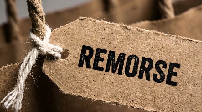 Conceptual Close Up of a Brown Paper Shopping Bag Tag Bearing the Word Remorse Representing Buyer Regret and Unhappy Consumer Behavior