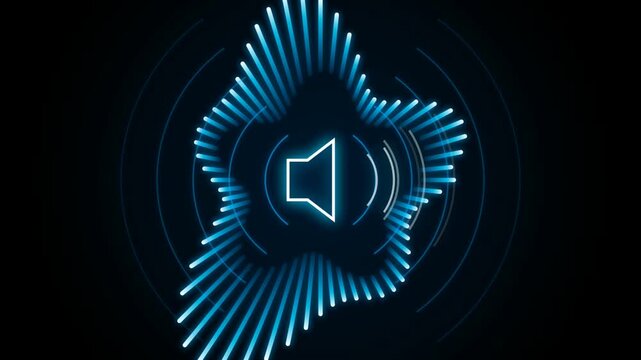 Neon blue audio waveform equalizer with speaker icon pulsing animation for music and sound technology projects