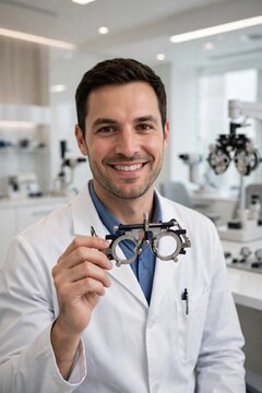 Smiling male optometrist holding trial lens frame portrait