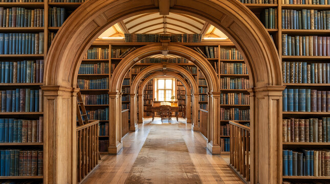 Old library interior with tall wooden shelves full of books and classic arched hallway design