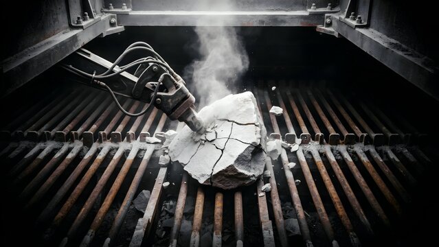 Close-up of concrete demolition with robotic cutter on metallic grill