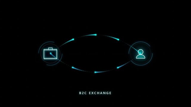 B2 c exchange digital concept animation: business to consumer transaction interface with glowing data transfer network and user icon