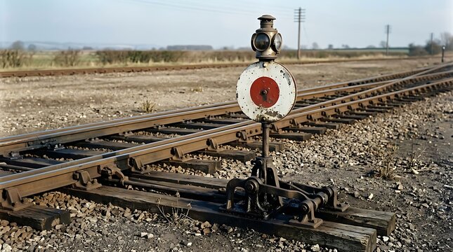 Old railway track switch signal indicator with red painted disc on rusty iron mechanism.